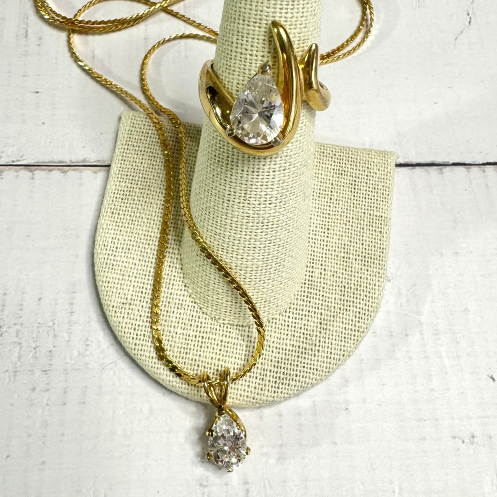 Vtg 18K GE Cubic Zirconia Coctail Ring & Gold Tone Pendant Necklace Sz 6.75 24"